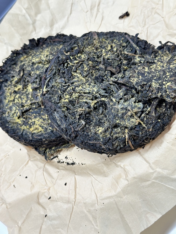This is the freshly arrived Golden Flower Fu Brick Tea. The golden fungus bits are extremely thick.